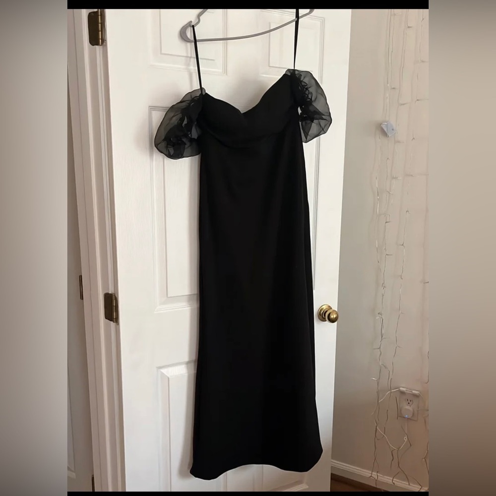Formal floor length open left leg slit and off the shoulder puffy sleeves